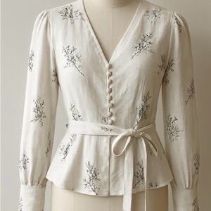White House Black Market Cream Floral V-Neck Tie-Waist Blouse
